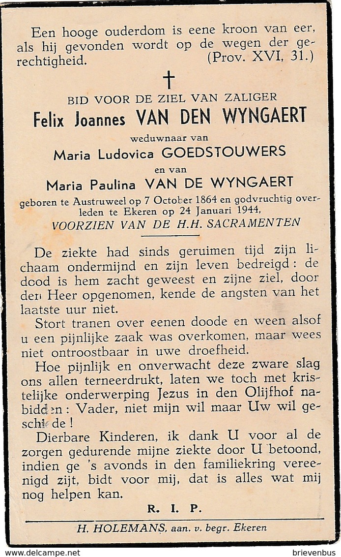 Austruweel, 1944, Felix Van Den Wyngaert, Goedstouwers, - Images Religieuses