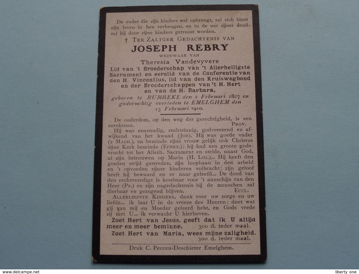 DP Joseph REBRY ( Theresia Vandevyvere ) Rumbeke 2 Feb 1827 - Emelghem 13 Feb 1910 ( Zie Foto's ) ! - Todesanzeige