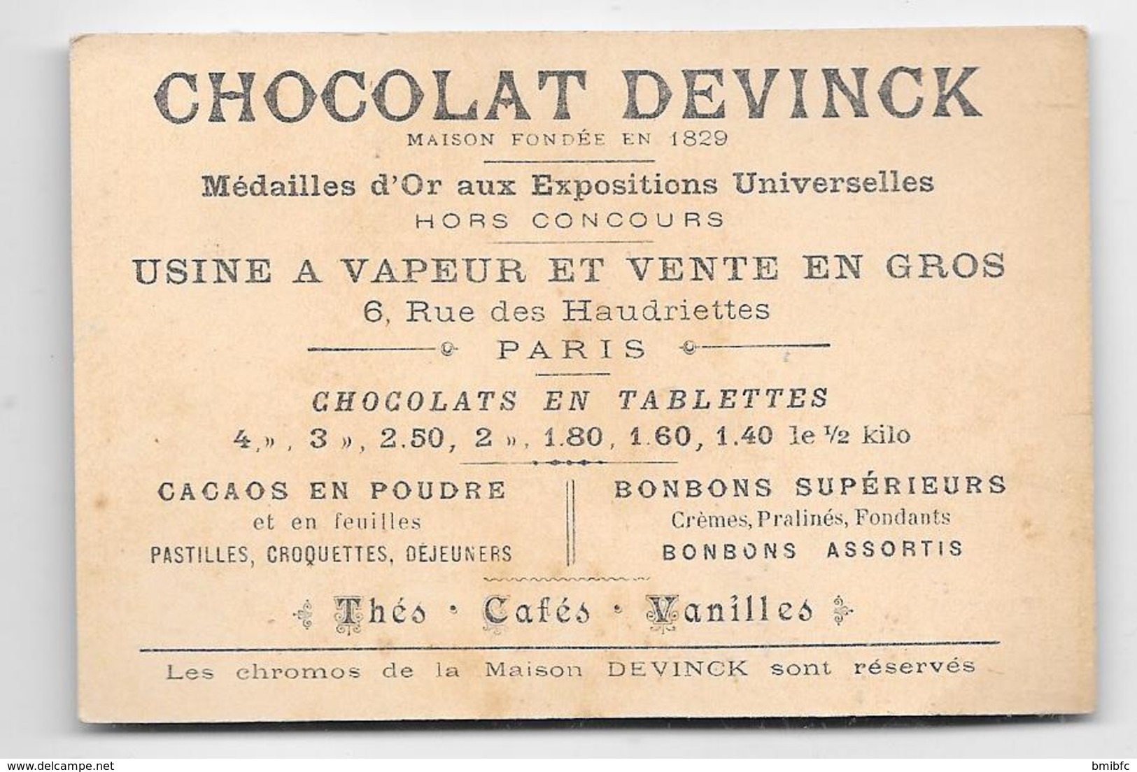 Belle Image Publicitaire Chocolat DEVINCK - Usine à Vapeur Et Vente En Gros 6, Rue Des Haudriettes PARIS - Cioccolato