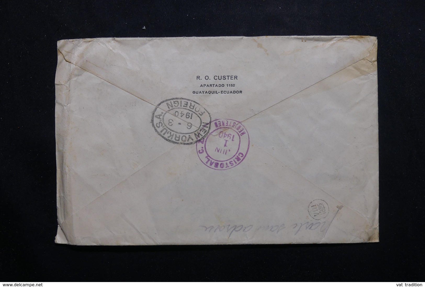 EQUATEUR - Enveloppe En Recommandé De Guayaquil Pour La France En 1940 Via Cristobal  Et New York , à Voir - L 54809 - Equateur