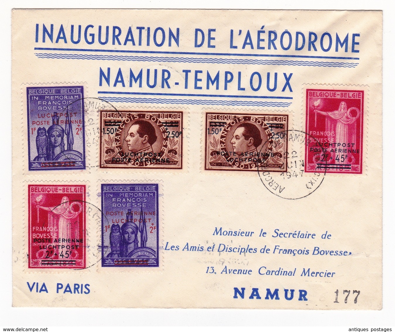 Lettre 1947 Inauguration Aérodrome Namur Temploux Poste Aérienne François Bovesse - Lettres & Documents