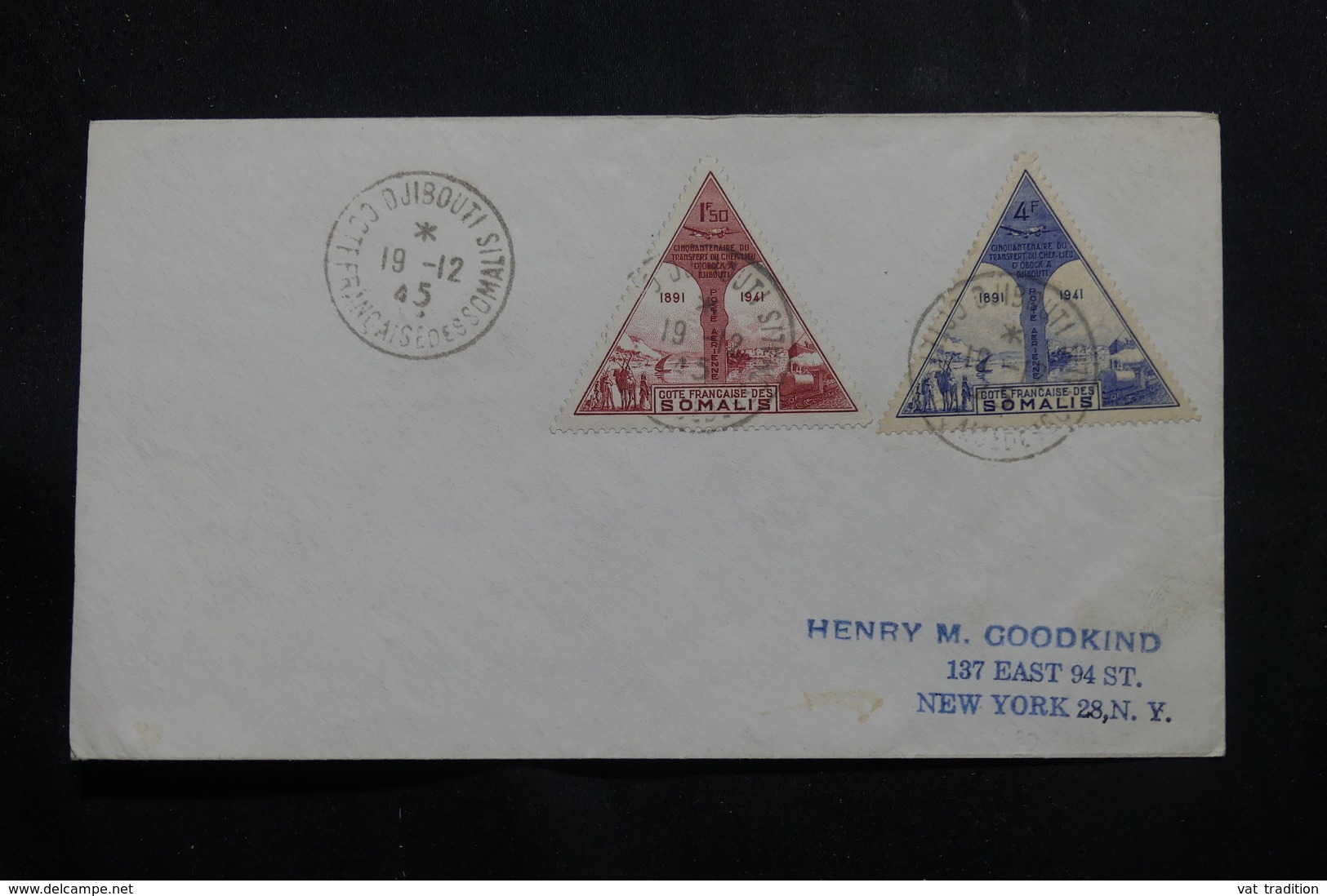 CÔTE DES SOMALIS - Enveloppe FDC En 1945 Pour New York - L 54833 - Lettres & Documents