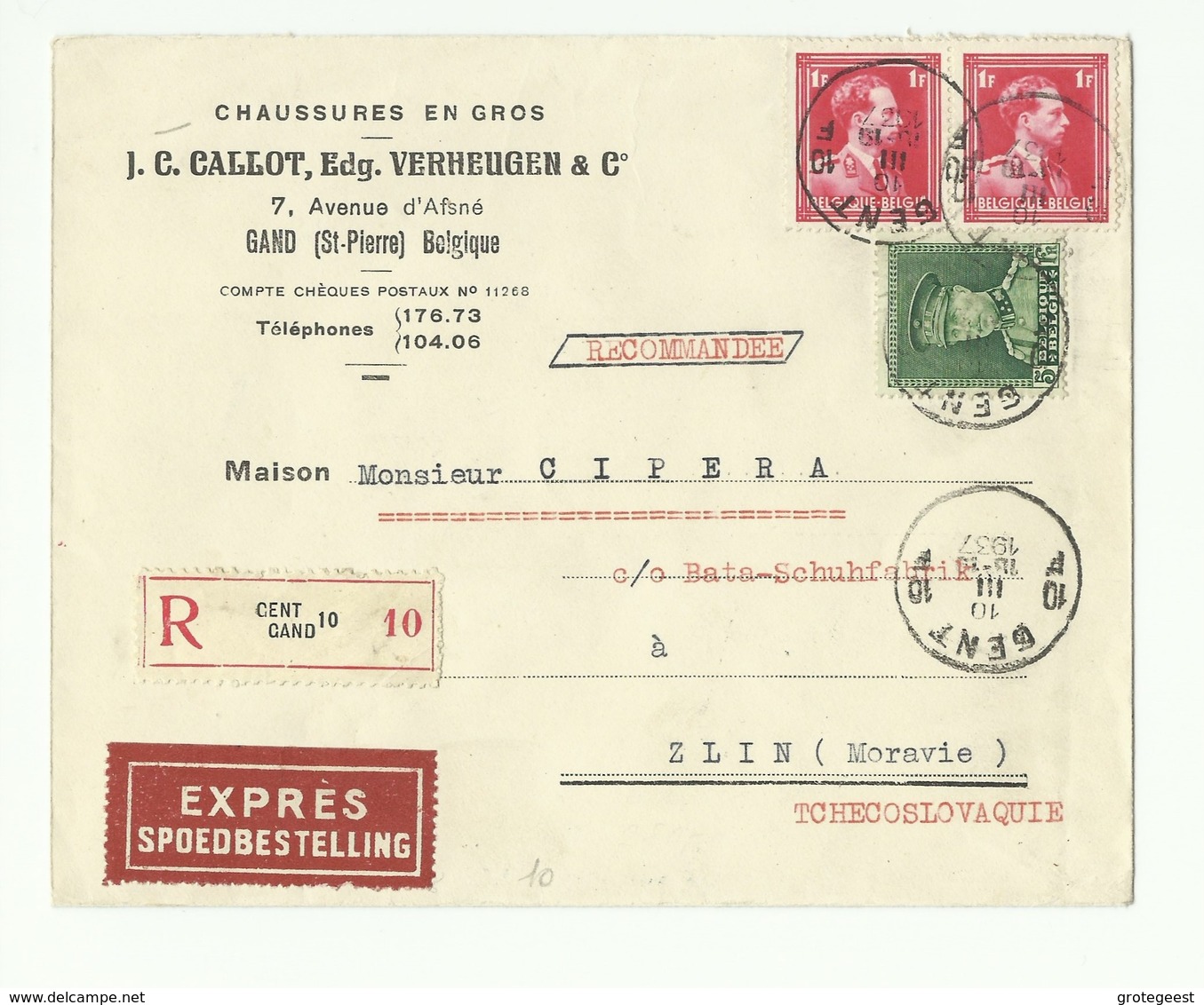 1Fr. LEOPOLD III Col Ouvert (paire) + 5Fr. ALBERT KEPI Obl. Sc GENT Sur Lettre (en Tête CALLOT VERHEUGEN Chaussure) Reco - 1931-1934 Quepis