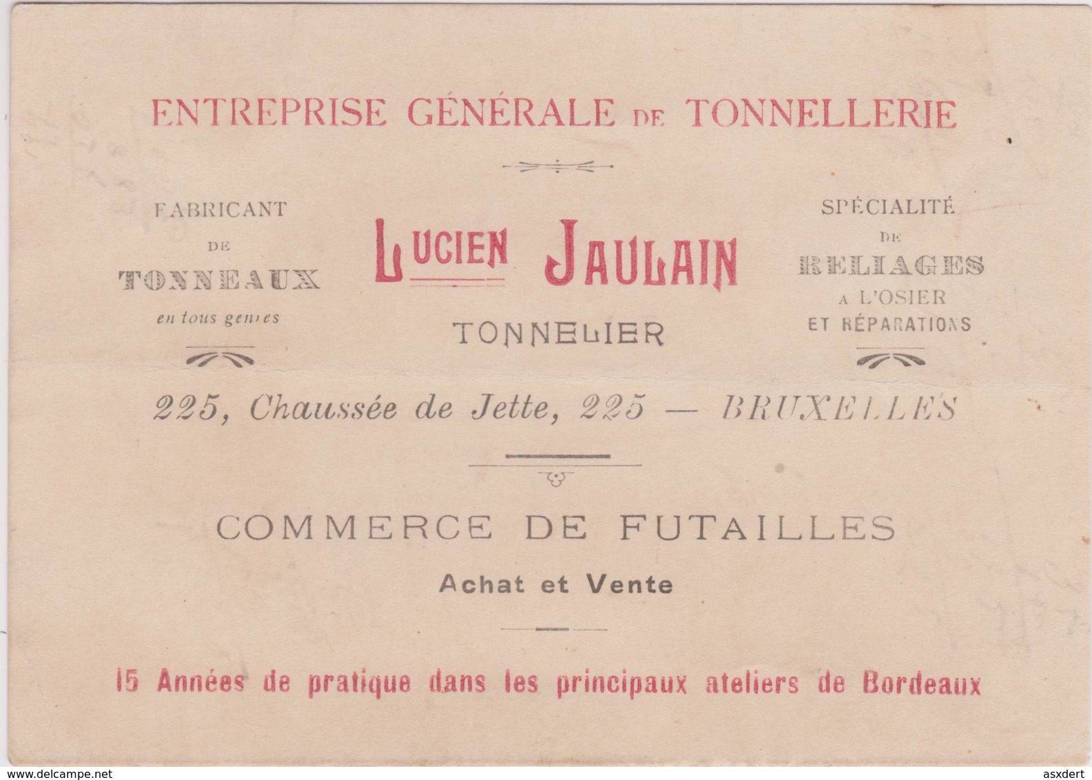 EP. Belgique 1919 Bruxelles  Pub. Fabricant De Tonneaux  L.Jaulain Commerce De Futailles - Rollo De Sellos 1910-19