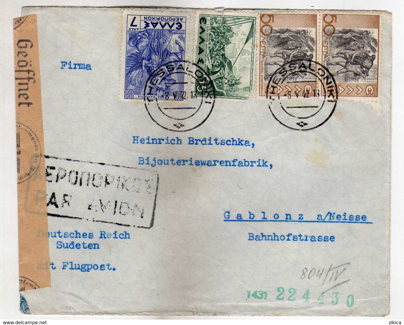 Greece - Thessaloniki Letter 1942 Via ( Jablonec Nad Nisou ) Czech Republic, Gablonz An Der Neisse - Germany,censorship - Brieven En Documenten