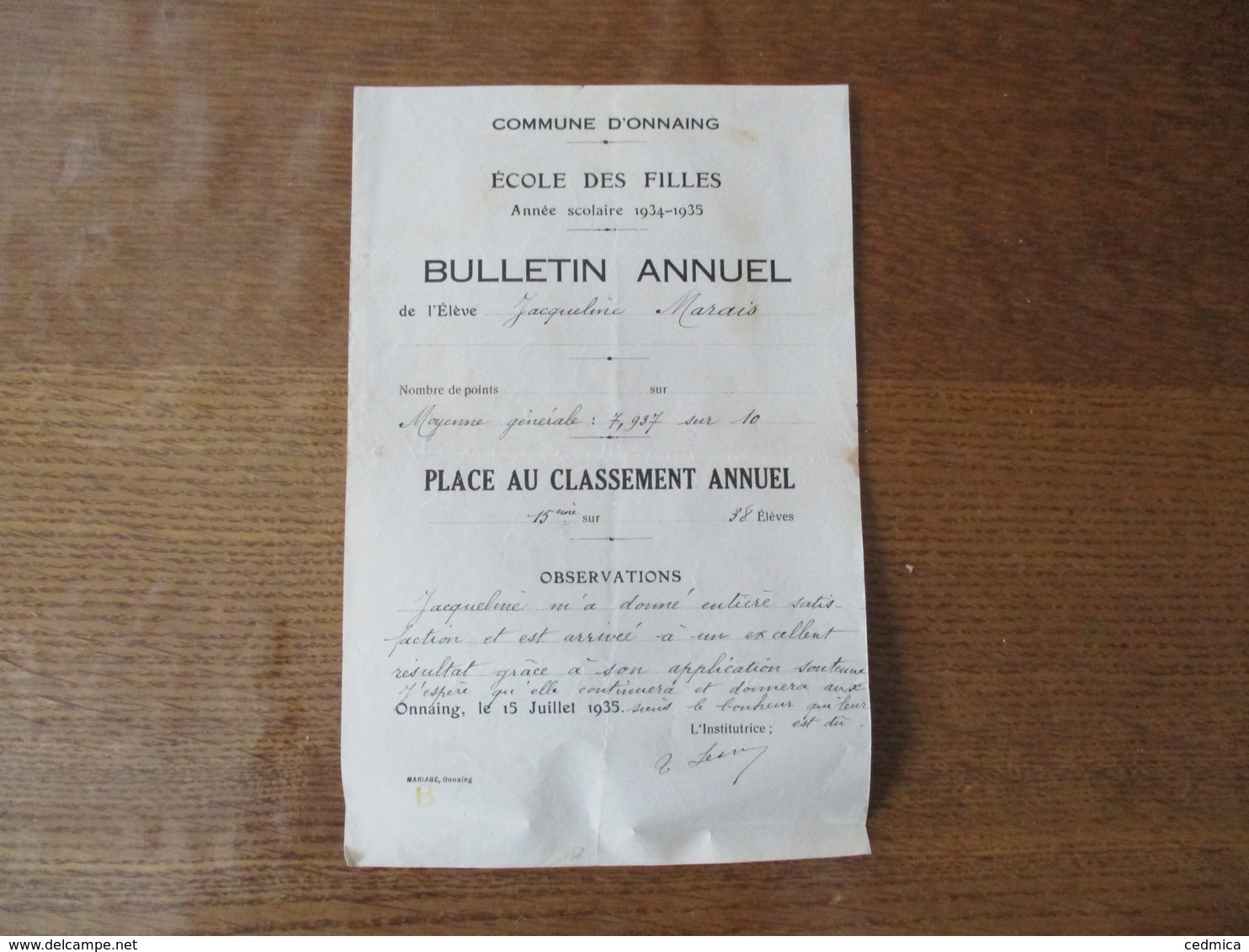 ONNAING LE 15 JUILLET 1935 ECOLE DES FILLES BULLETIN ANNUEL ANNEE SCOLAIRE 1934-1935 ELEVE JACQUELINE MARAIS - Diplômes & Bulletins Scolaires