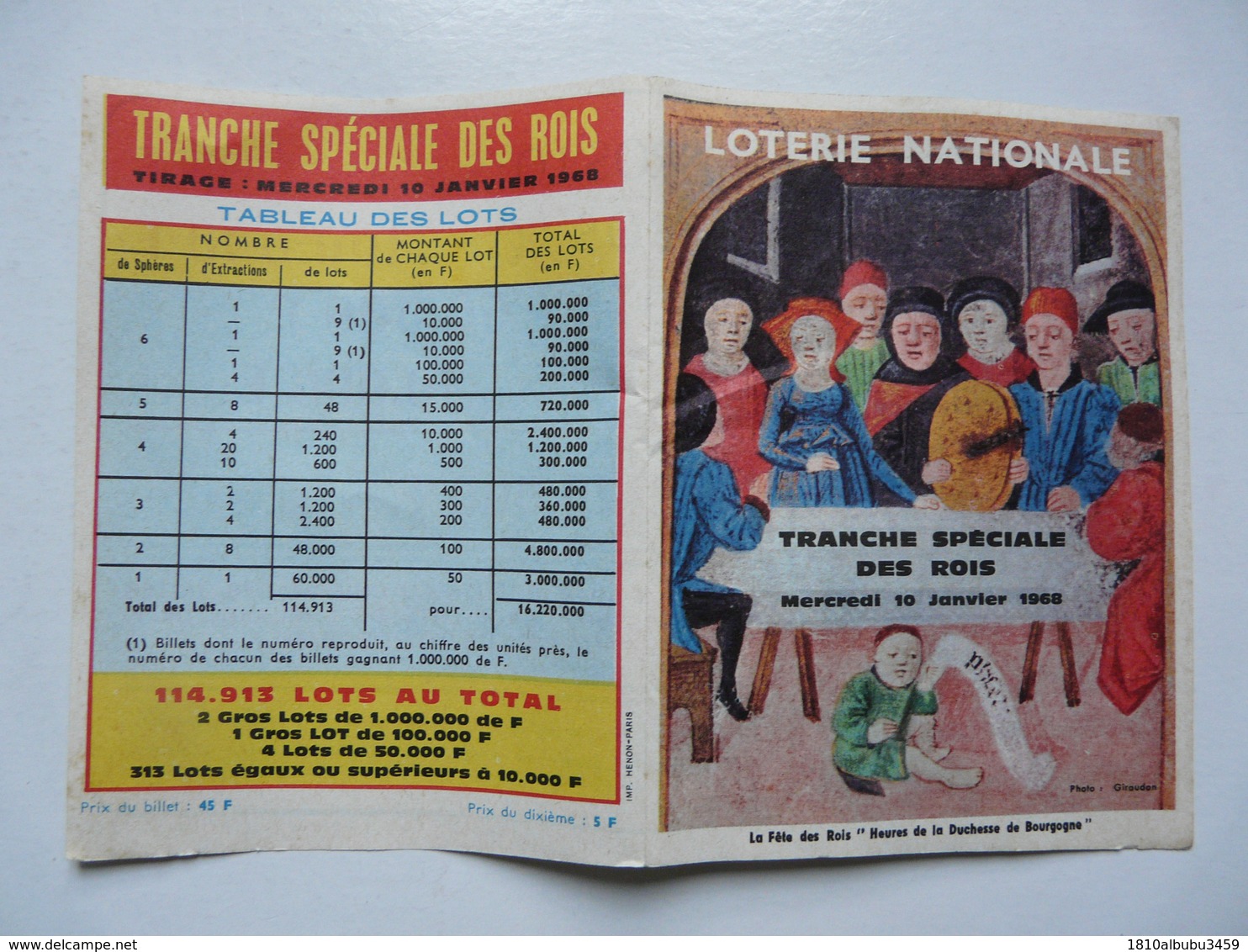 VIEUX PAPIERS - LOTERIE NATIONALE : Tranche Spéciale Des Rois - Tirage Mercredi 10 Janvier 1968 - Tableau Des Lots - Billets De Loterie