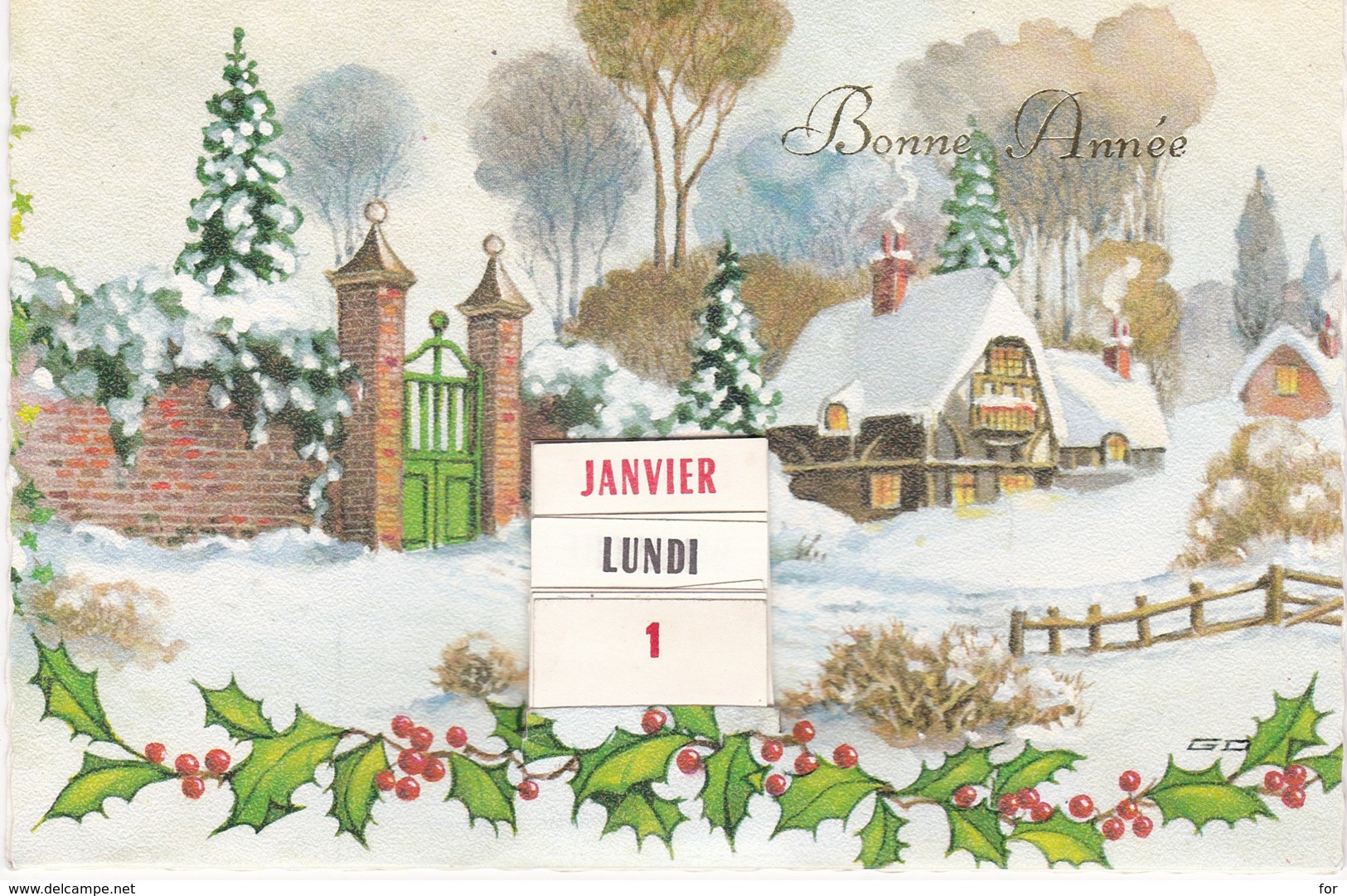 Calendrier - Perpétuel : BONNE ANNEE : Paysage Enneigé Avec Houx  - à  Volets ( 17mm X 11,5mm Replié ) - Autres & Non Classés