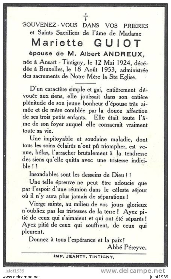 ANSART ..-- Mme Mariette GUIOT , épouse De Mr Albert ANDREUX , Née En 1924 , Décédée En 1953 à BRUXELLES . . - Tintigny