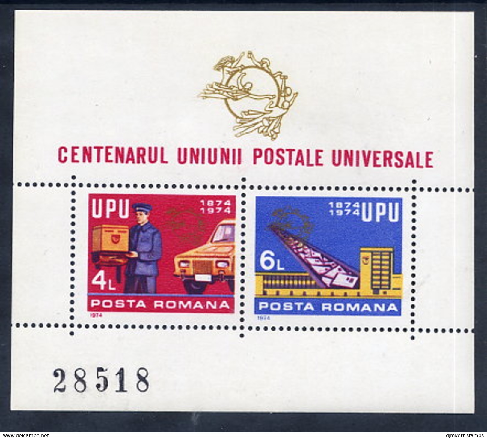 ROMANIA 1974 UPU Centenary Block MNH / **.  Michel Block 112 - Blocks & Sheetlets