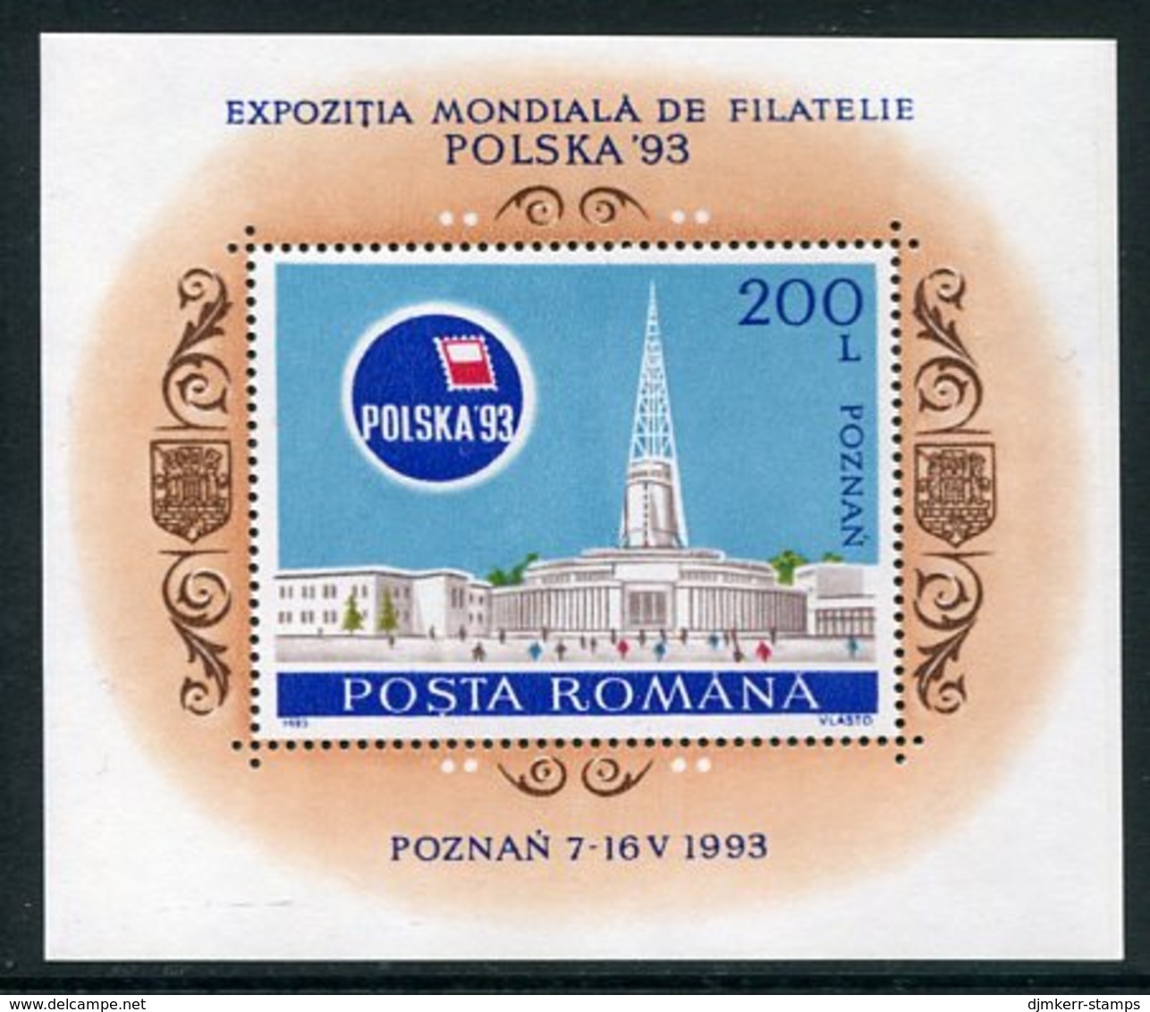 ROMANIA 1993 POLSKA '93 Exhibition Block MNH / **.  Michel Block 281 - Blocs-feuillets