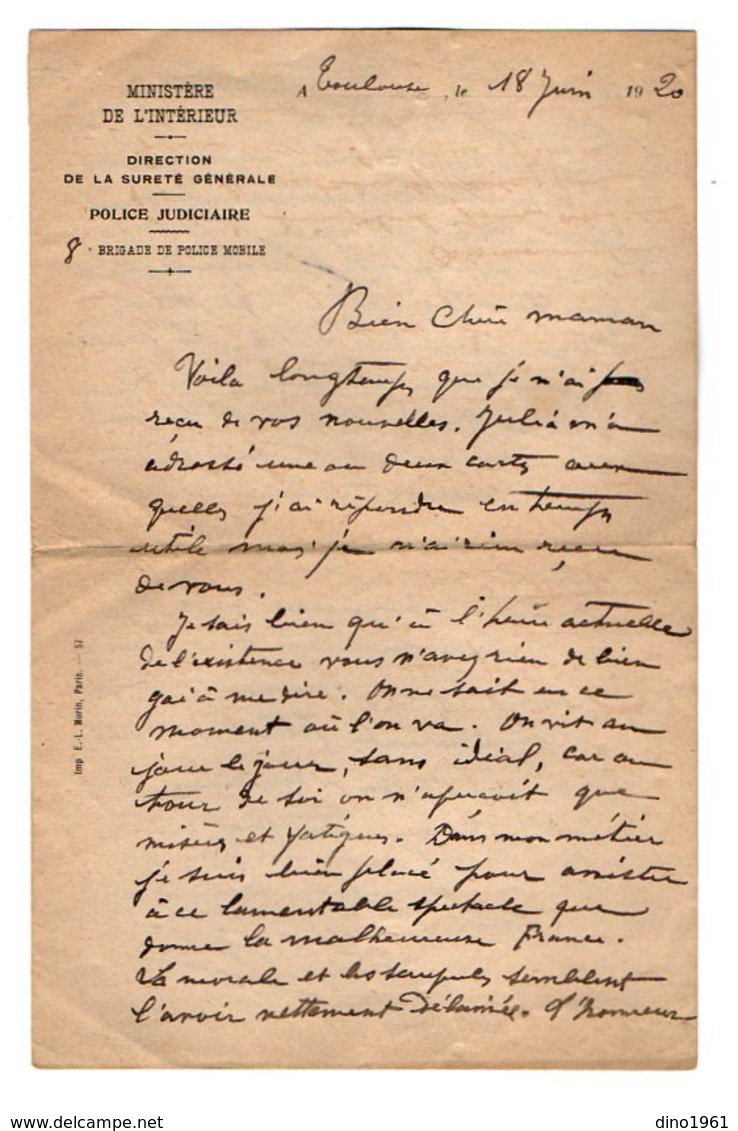 VP16.935 - MILITARIA - 1920 - Lettre à En - Tête Police Judiciaire 8 ème Brigade De Police Mobile à TOULOUSE - Polizei