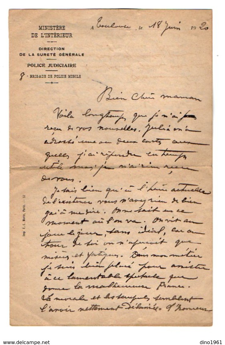 VP16.935 - MILITARIA - 1920 - Lettre à En - Tête Police Judiciaire 8 ème Brigade De Police Mobile à TOULOUSE - Politie & Rijkswacht