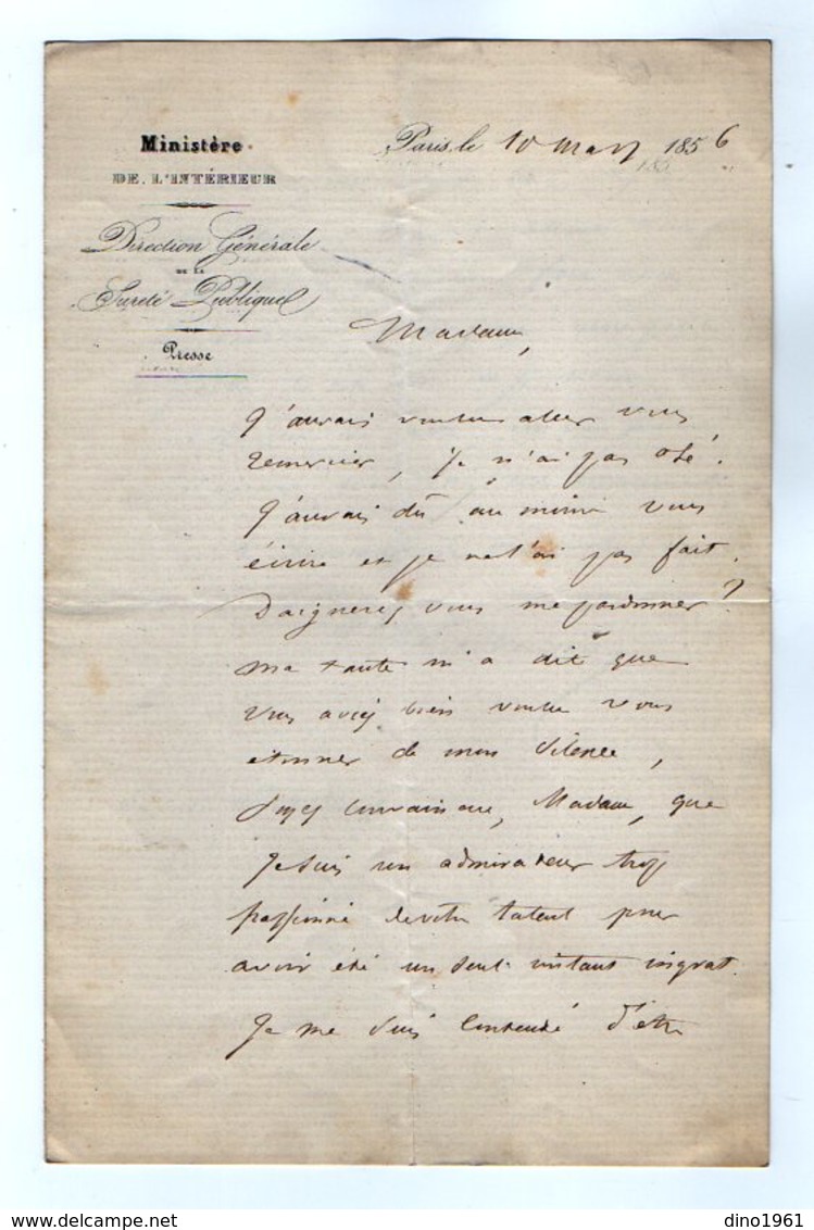 VP16.936 - MILITARIA - 1856 - Lettre à En - Tête Direction Générale De La Sureté Publique ( Police ) à PARIS - Polizei