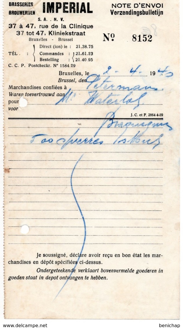 BRASSERIE - BROUWERIJEN IMPERIAL - BRUXELLES - BRUSSEL - NOTE D4ENVOI - 02 AVRIL 1940. - Alimentaire