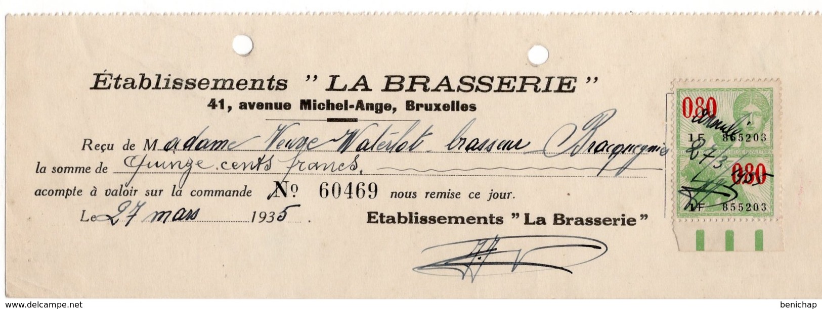 ETABLISSEMENTS ' LA BRASSERIE ' AVENUE MICHEL-ANGE - BRUXELLES - 27 MARS 1935. - Alimentaire