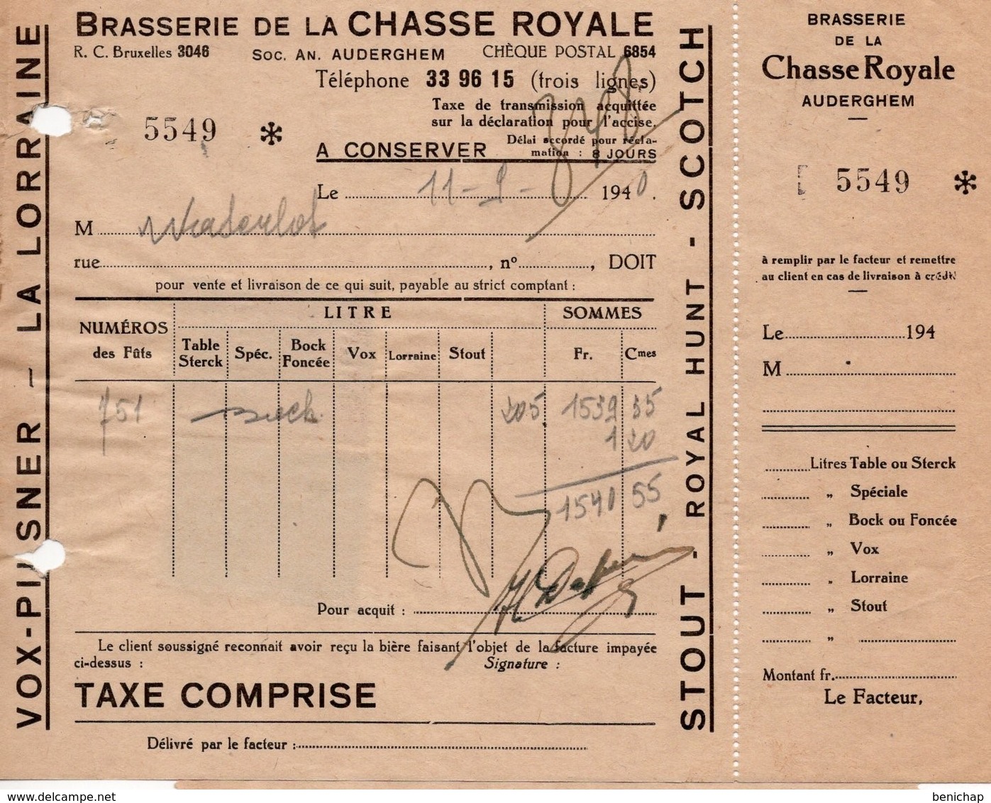 BRASSERIE DE LA CHASSE ROYALE - AUDERGHEM - VOX- PILSENER - LA LORRAINE - STOUT - ROYAL HUNT - SCOTCH -7 SEPTEMBRE 1940 - Alimentare