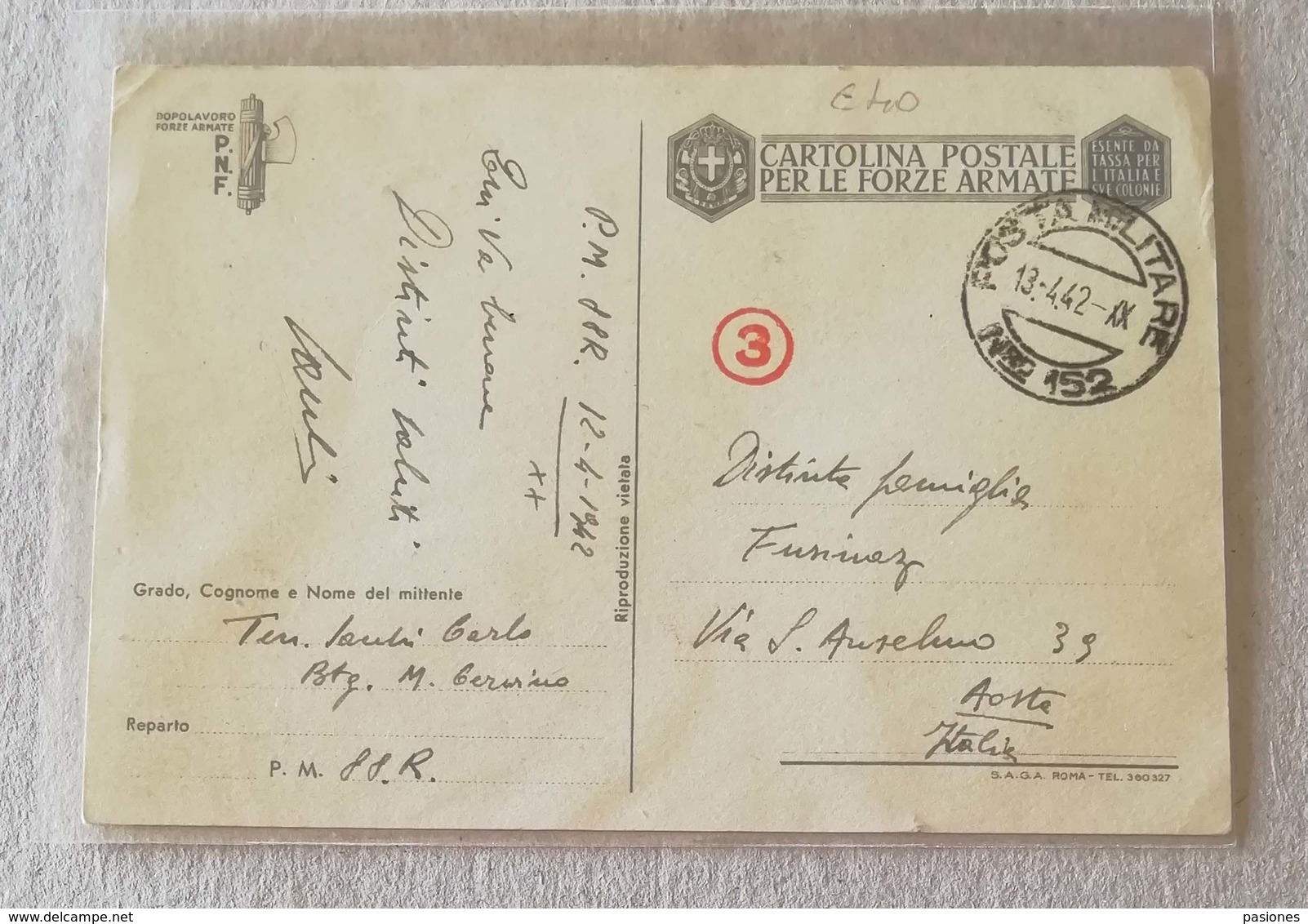 Cartolina Postale Per Le Forze Armate P.M.88R-152 (Russia) Per Aosta - 13/04/1942 (Boccasile) - Posta Militare (PM)