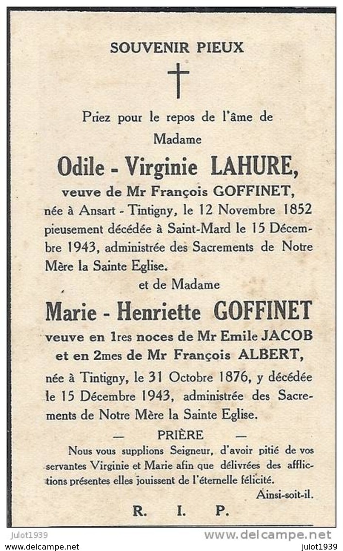 ANSART ..-- Mme Odile LAHURE , Veuve De Mr François GOFFINET Et Mme Marie GOFFINET , Veuve De Mr François ALBERT . . - Tintigny