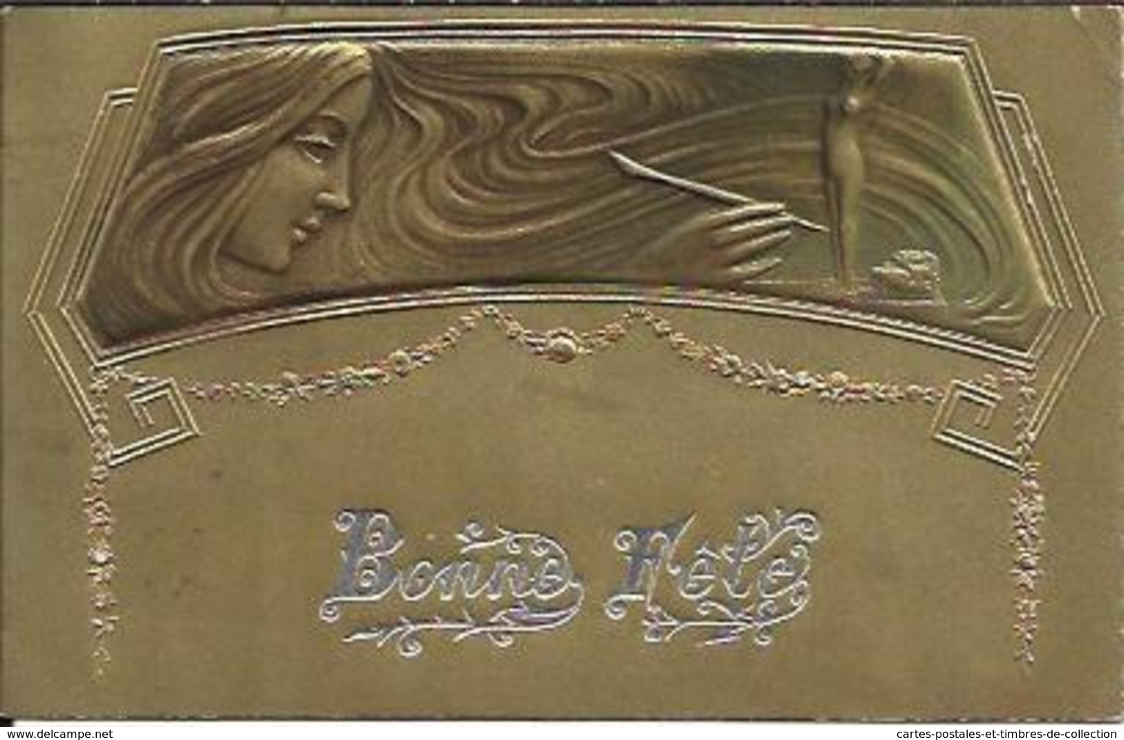 Bonne Fête , Style Art Nouveau , Carte Gaufrée + Timbre Perforé " EH " ( Voir Scans ) , 1906 - Autres & Non Classés