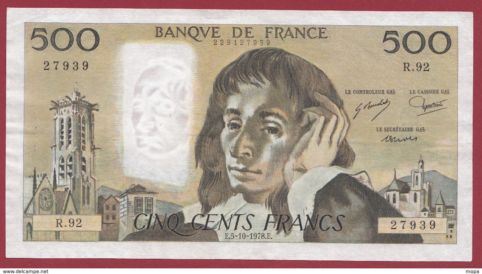 500 Francs "Pascal" Du 05/10/1978.E ---SUP--ALPH .R.92 - 500 F 1968-1993 ''Pascal''