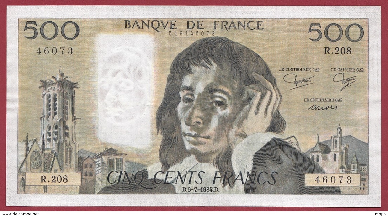 500 Francs "Pascal" Du 05/07/1984.D ---SUP--ALPH .R.208--AUCUN TROU D EPINGLE - 500 F 1968-1993 ''Pascal''