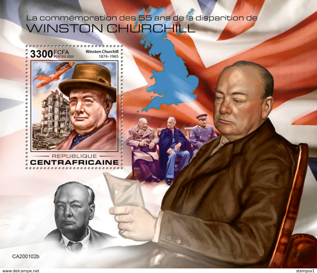 Central Africa.  2020 55th Memorial Anniversary Of Winston Churchill. (0102b)  OFFICIAL ISSUE - Sir Winston Churchill