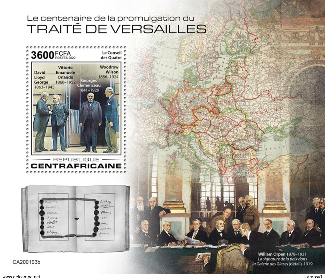 Central Africa.  2020 100th Anniversary Of The Treaty Of Versailles Taking Effect. (0103b)  OFFICIAL ISSUE - WW1