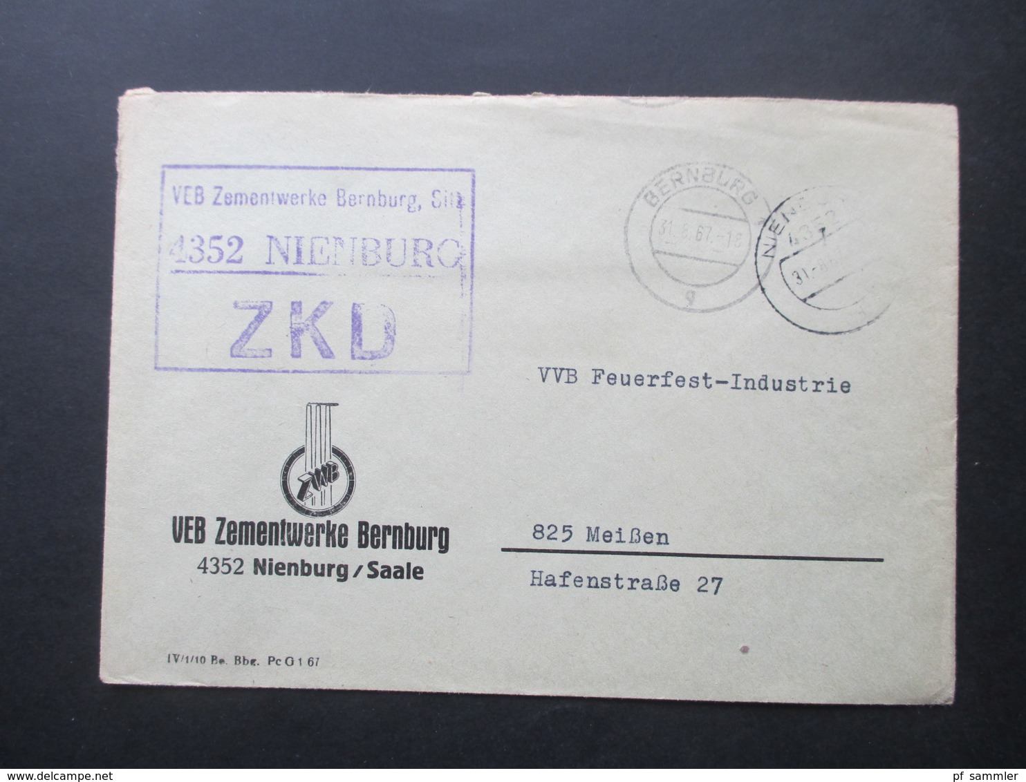 DDR 1967 ZKD VEB Zementwerke Bernburg 4352 Nienburg Nach Meißen Mit Tagesstempel - Storia Postale