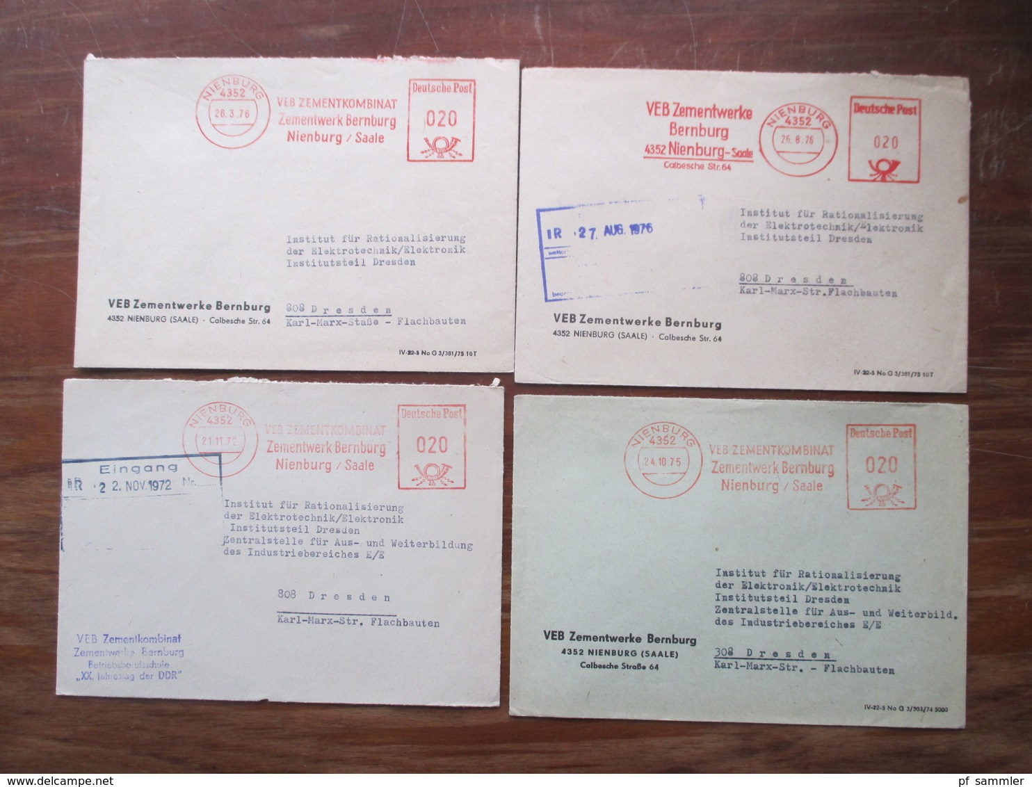 DDR Deutsche Post 1972 - 76 Freistempel Belege VEB Zementkombinat Zementwerk Nienburg Saale Nach Dresden Gesendet! - Cartas & Documentos