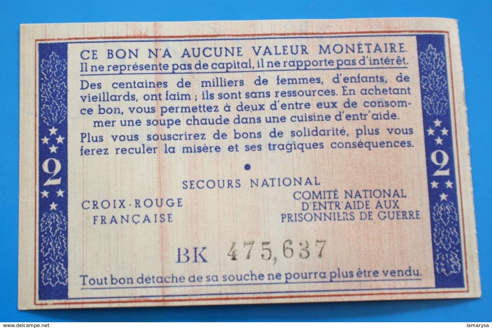 WW2 Bon De Solidarité De 2 Francs Pétain,1941 Sous Régime De Vichy-Numérote-Profit Populations Civiles éprouvées Guerre - Autres & Non Classés