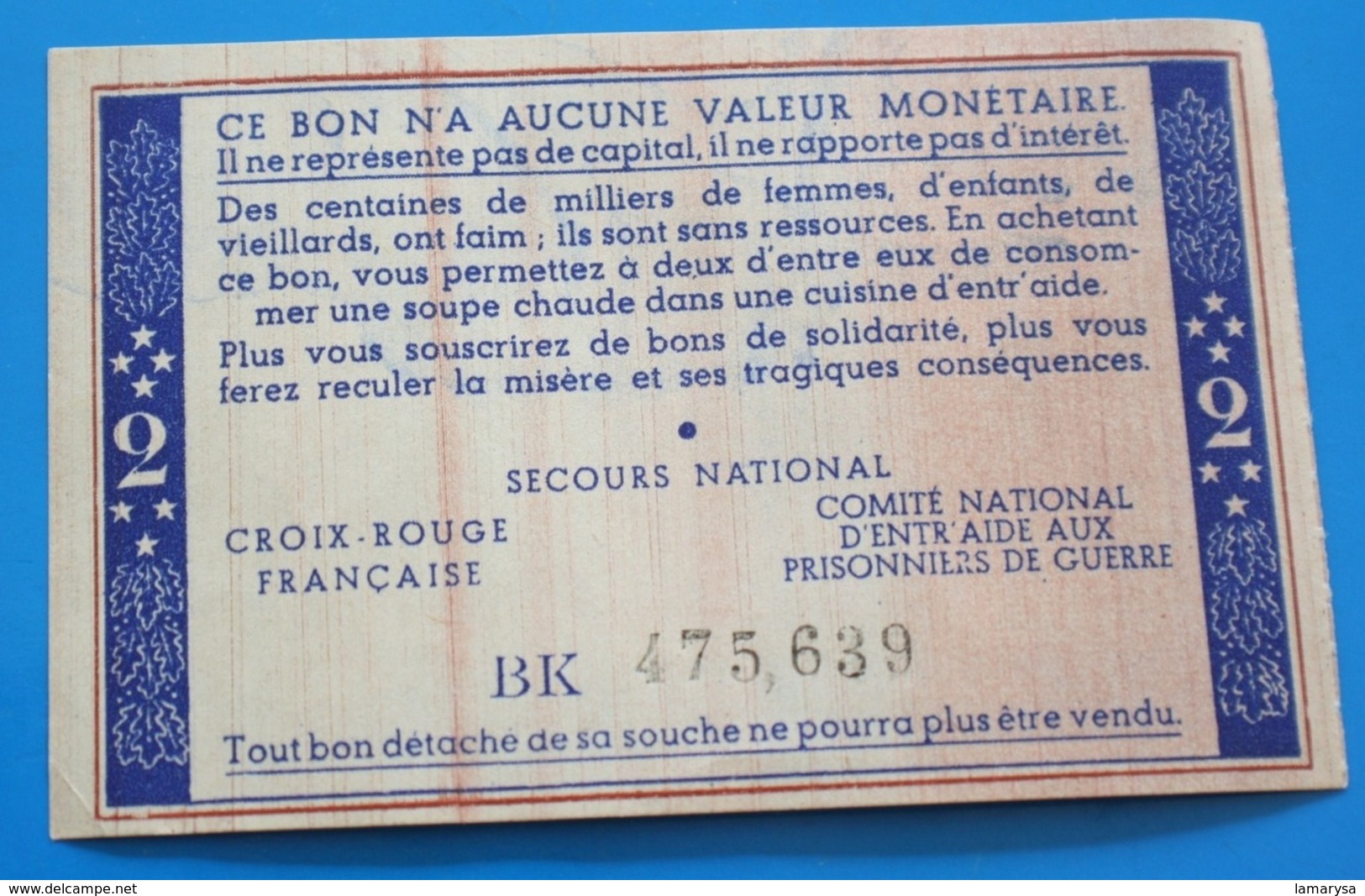 WW2 Bon De Solidarité De 2 Francs Pétain,1941 SECOURS NATIONAL,CROIX-ROUGE FRANÇAISE,COMITÉ NATIONAL D’ENTR’AIDE AUX Pri - Autres & Non Classés