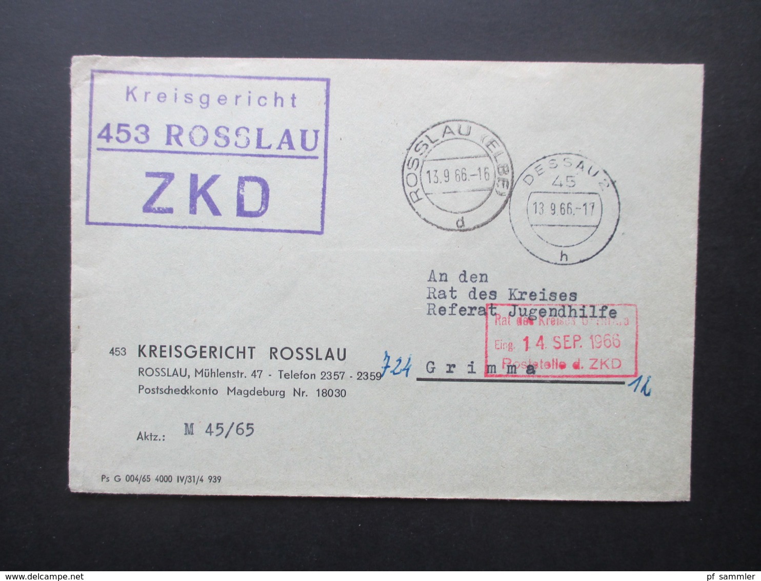 DDR ZKD 1966 Kreisgericht 453 Rosslau Tagesstempel Rosslau (Elbe) Rückseitig Stempel Mit Den Sprechstunden - Covers & Documents