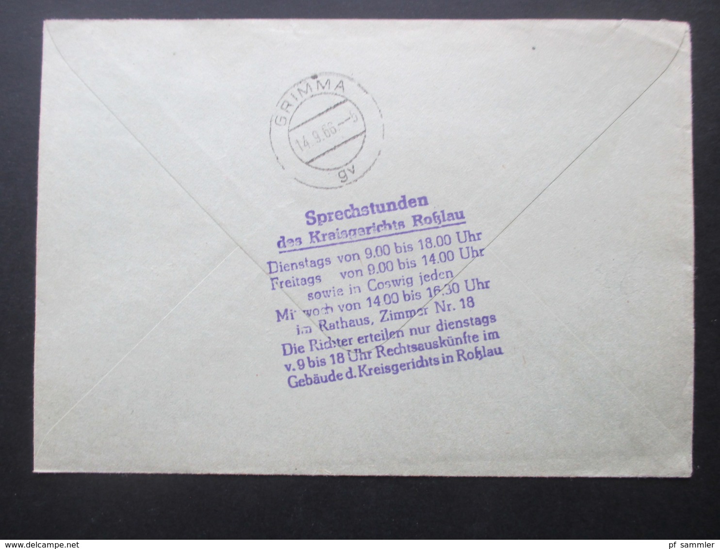 DDR ZKD 1966 Kreisgericht 453 Rosslau Tagesstempel Rosslau (Elbe) Rückseitig Stempel Mit Den Sprechstunden - Covers & Documents