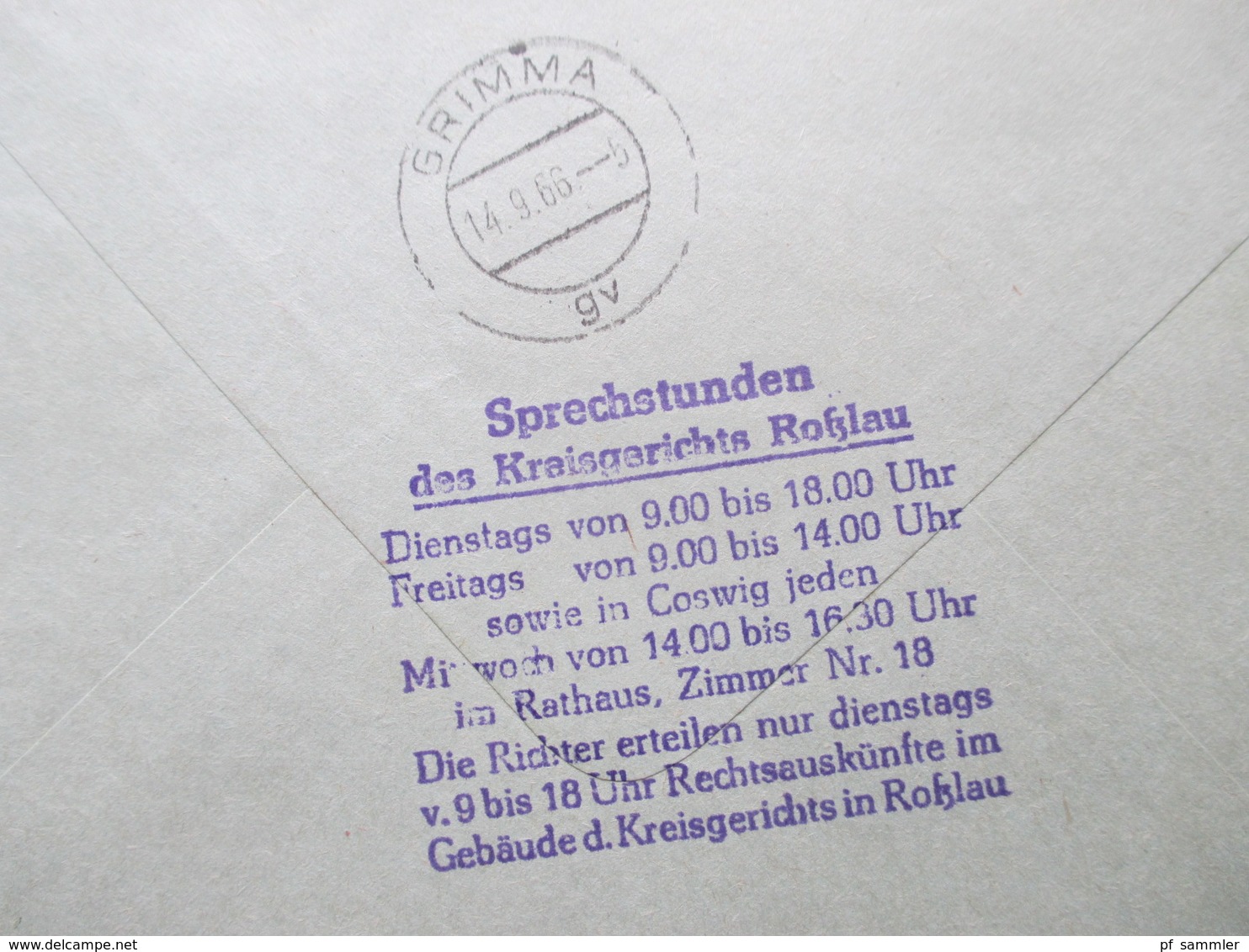 DDR ZKD 1966 Kreisgericht 453 Rosslau Tagesstempel Rosslau (Elbe) Rückseitig Stempel Mit Den Sprechstunden - Covers & Documents