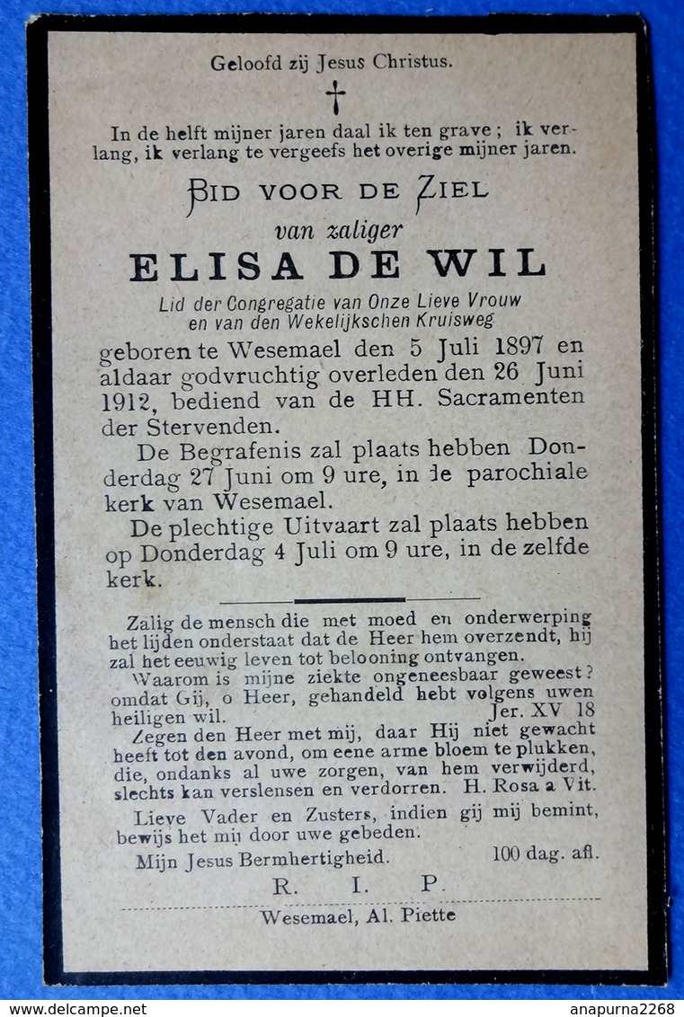 SOUVENIR PIEUX...... ELISA DE WIL.....WESEMAEL....1897-1912...... - Images Religieuses