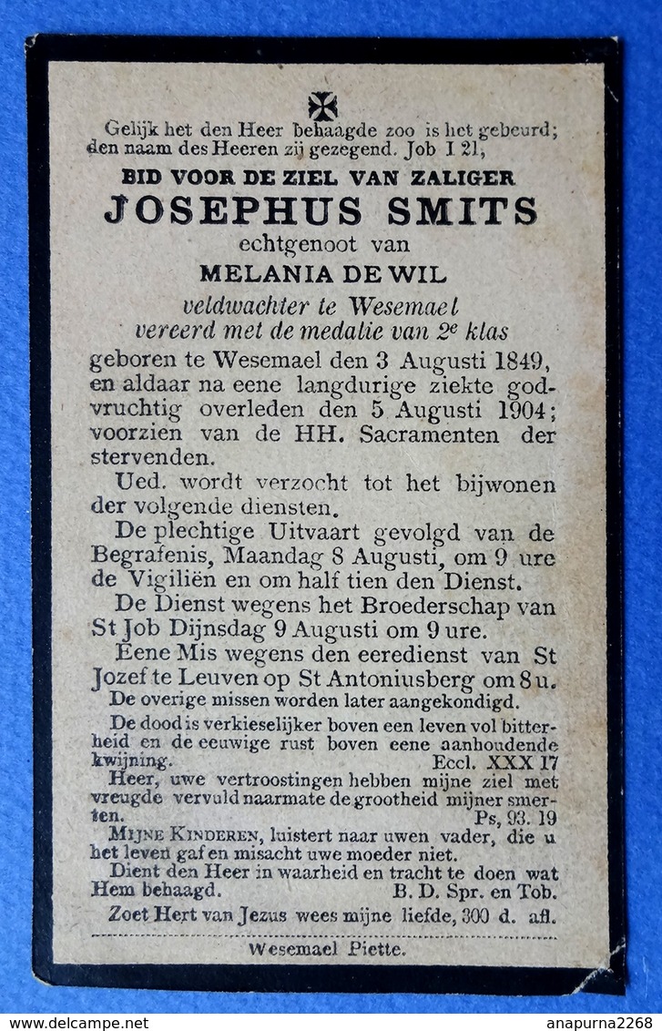 SOUVENIR PIEUX...... JOSEPHUS SMITS.......WESEMAEL....1849-1904....EPOUX DE MELANIA DE WIL - Images Religieuses