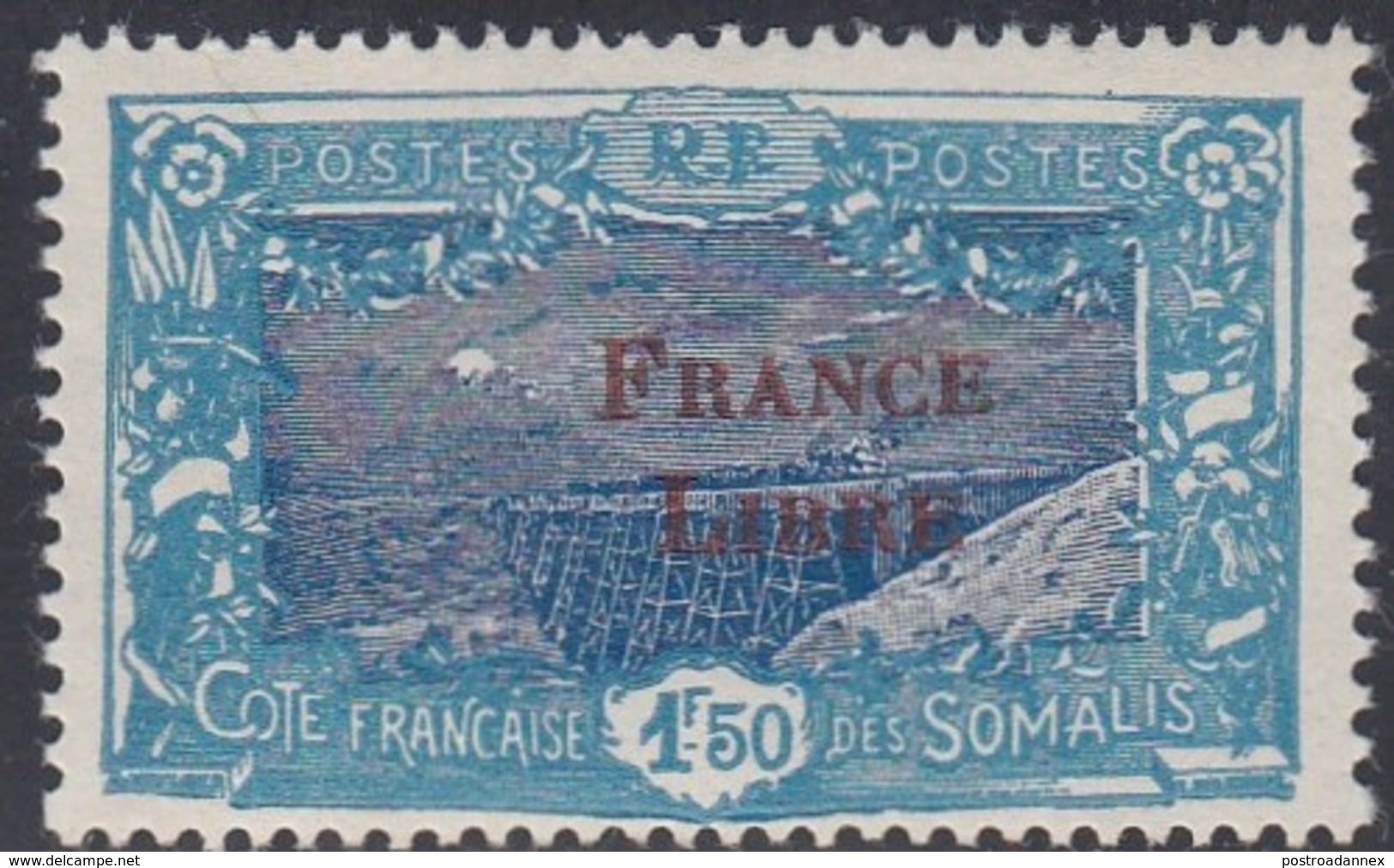Somali Coast, Scott #192, Mint Never Hinged, Railroad Bridge Overprinted, Issued 1943 - Unused Stamps