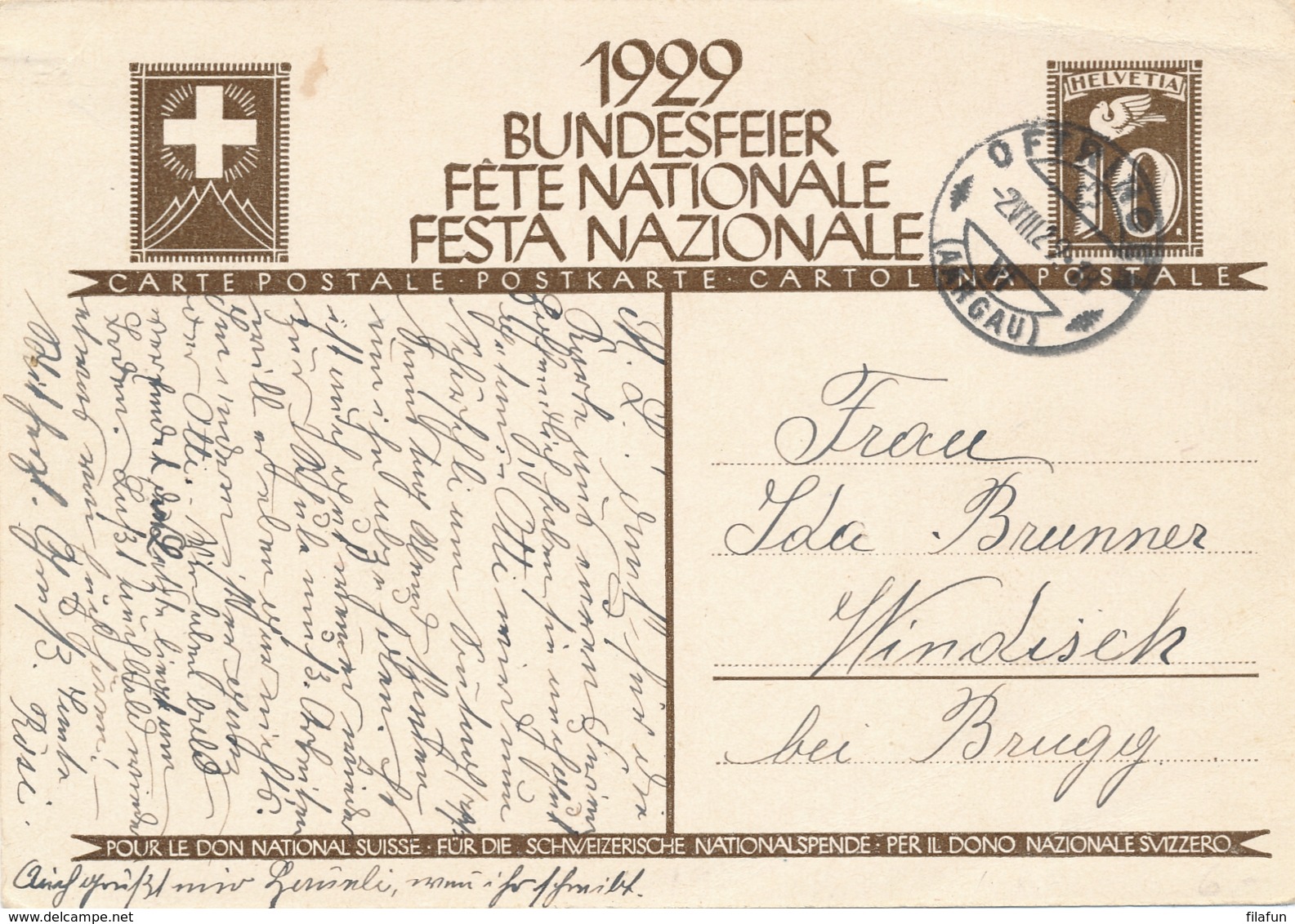 Helvetia / Schweiz - 1929 - 10 (+20) Cts Bundesfeier Postkarte - Soldier - From Oftringen To Windisch - Ganzsachen