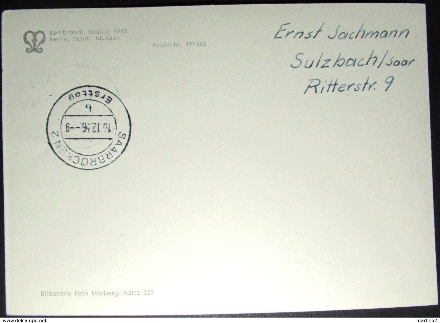 Saar 1956: Rembrandt Van Rijn (1606-1669) "Saskia" (1643) Michel-No.377 Maximumkarte Mit O SAARBRÜCKEN 10.12.56 Ersttag - Cartoline Maximum