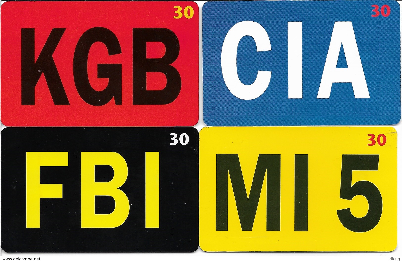 "KGB - CIA - FBI - MI5." 4 Phonecards Denmark.  H-1023 - Polizia
