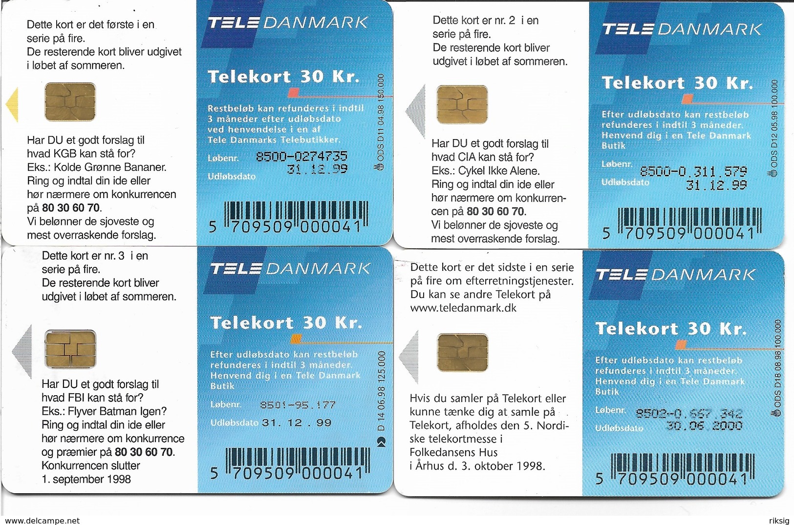 "KGB - CIA - FBI - MI5." 4 Phonecards Denmark.  H-1023 - Police