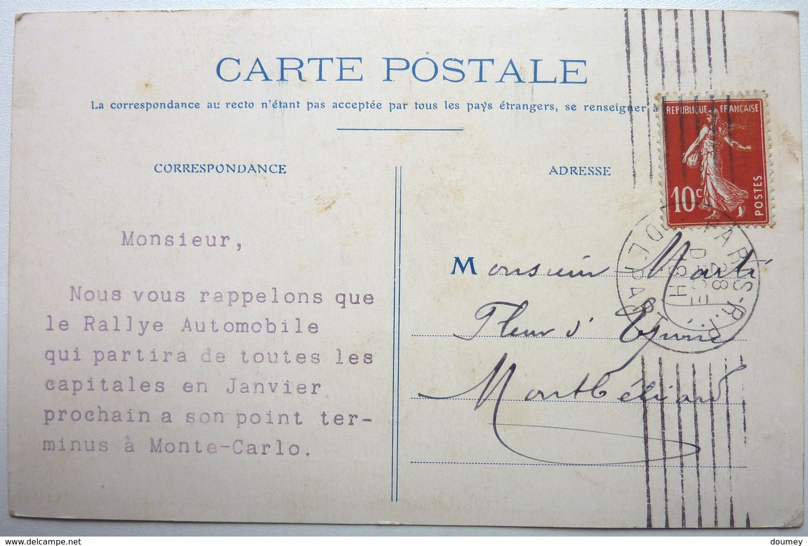 RALLYE AUTOMOBILE INTERNATIONAL - MONTE-CARLO JANVIER 1911 - Monte-Carlo