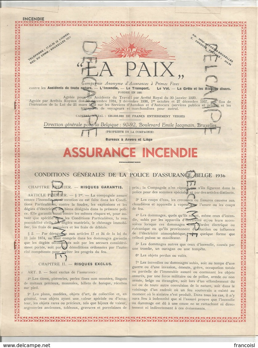 Dossier Des Contrats D'assurance. "La Paix". Contrat Incendie En 1952. - Bank & Insurance