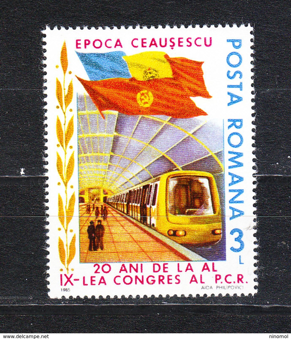 Romania  - 1985.Costruzione Del Metro. Bandiere. Metro In Bucharest. Romanian And Soviet Flags.MNH - Treni