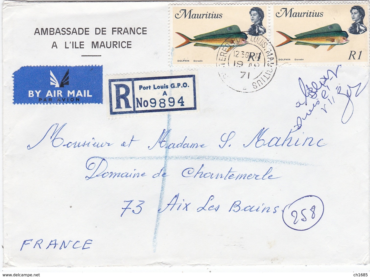 ILE MAURICE  : Lettre à Entête De L'Ambassade De France En Recommandé De Port-Louis - Maurice (1968-...)
