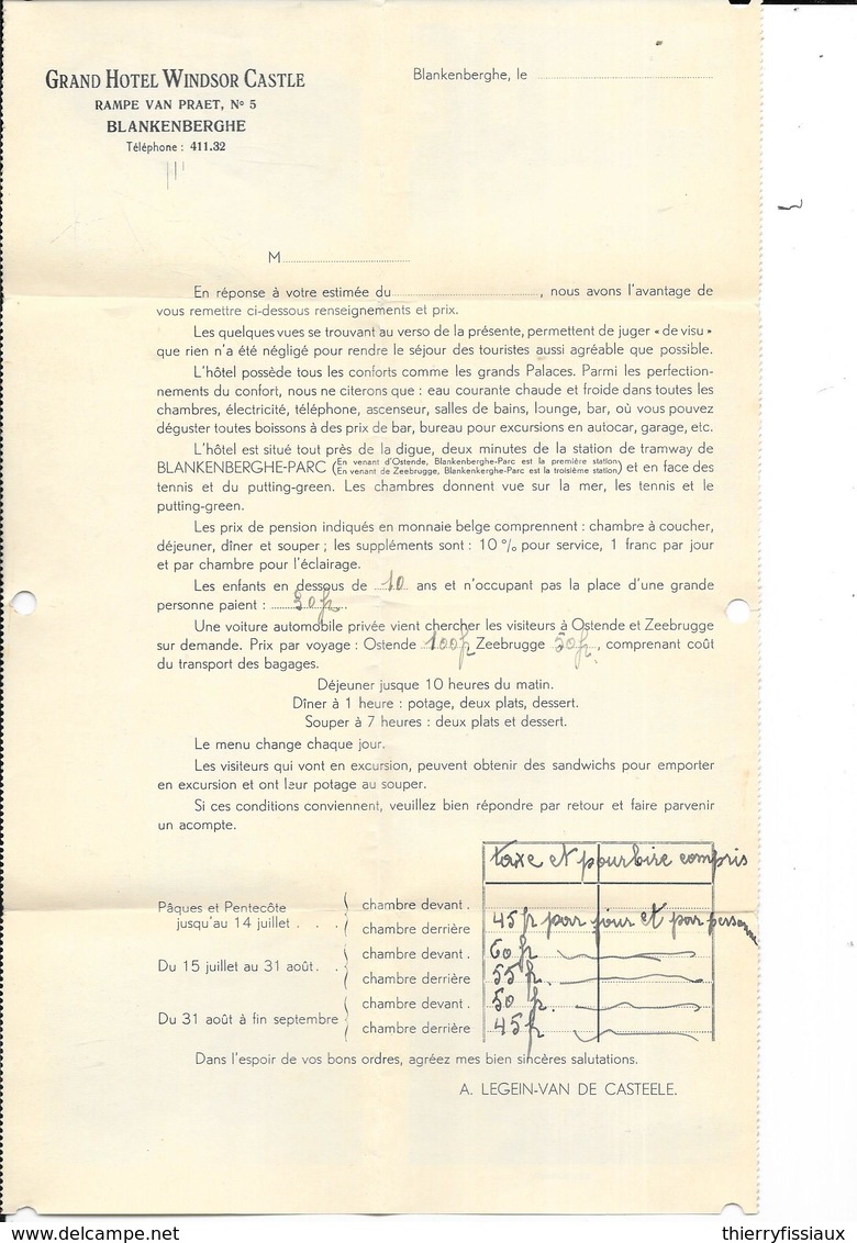 Blankenberge/Blankenberghe - Dépliant Publicitaire: Grand Hôtel WINDSOR CASTLE, Rampe Van Praet, 5 - 3 Scans - Blankenberge