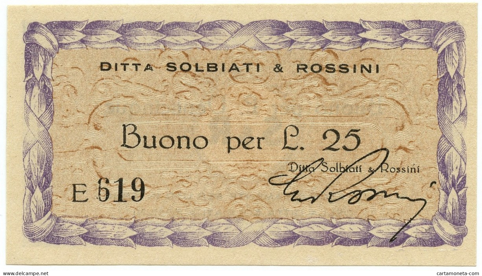 25 LIRE BUONO DITTA SOLBIATI & ROSSINI RSI WWII 1943-1945 FDS - Autres & Non Classés