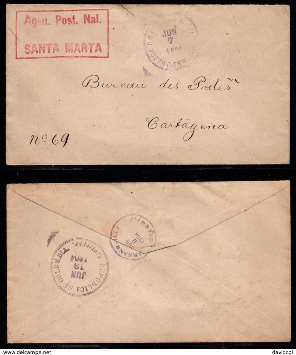 C117-COLOMBIA- 1904 - CIRCULATED COVER FROM SANTA MARTA TO CARTAGENA JUN-13-1904, TRANSIT BARRANQUILLA JUN-2-1904 - Colombia