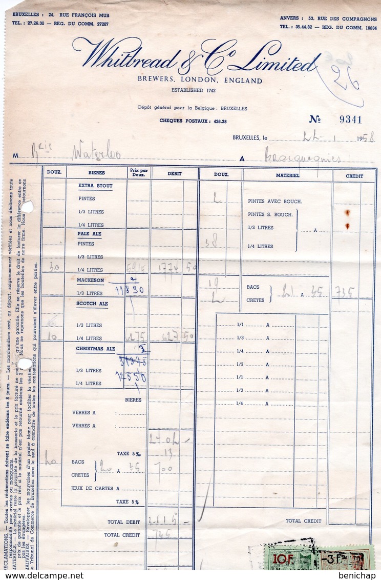 BRASSERIE WHITBREAD & Cie LIMITED - BREWERS LONDON ENGLAND - ANVERS - BRUXELLES - MACKESON - PALE ALE- 22 JANVIER 1958. - Levensmiddelen